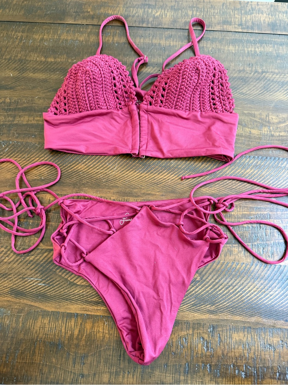 Frankie's Bikinis Crochet Detail Two-Piece Bikini in Deep Berry Pink